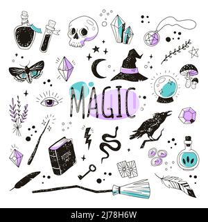 Set di scarabucini magici disegnati a mano. Collezione icone vettoriali. Simboli della stregoneria: Pozione, cristallo, cranio, libro incantesimo, calderone, raven, scopa, bacchetta magica, runa Illustrazione Vettoriale