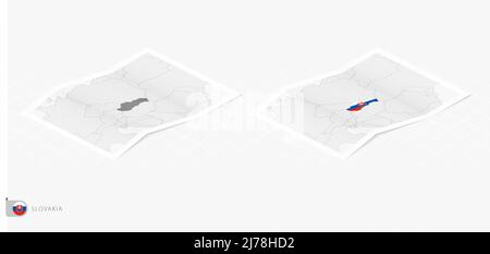 Insieme di due mappe realistiche della Slovacchia con ombra. La bandiera e la mappa della Slovacchia in stile isometrico. Modello vettoriale. Illustrazione Vettoriale