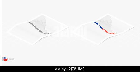 Insieme di due mappe realistiche del Cile con ombra. La bandiera e la mappa del Cile in stile isometrico. Modello vettoriale. Illustrazione Vettoriale