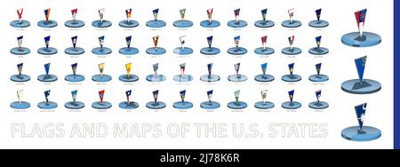 Bandiere e mappe degli Stati Uniti in stile isometrico circolare con bandiera triangolare 3D. Raccolta mappe USA. Illustrazione Vettoriale