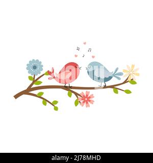 Due simpatiche coppie di uccelli cartoni animati in amore sono seduti su un ramo con fiori e caratteri chirping.Animal per Pasqua e primavera carte. Vettore colore ill Illustrazione Vettoriale