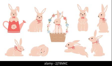 Set coniglietto di Pasqua. Conigli carini in pose diverse. Simbolo della Grande Pasqua. Elementi di design carini. Orecchie rosa, muso e zampe. Cartoon flat vettore colle Illustrazione Vettoriale