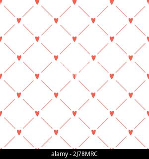 Un semplice motivo minimalistico senza cuciture con cuori e strisce rosse su sfondo bianco. Perfetto per la confezione e la confezione di carta da imballaggio di San Valentino Illustrazione Vettoriale