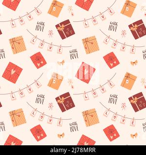 San Valentino, Buon compleanno. Modello senza cuciture con bandiere, scatole regalo, archi e parole scritte a mano con amore. Illustrazione vettoriale a colori su una luce b Illustrazione Vettoriale