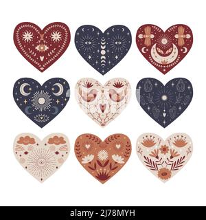 Insieme di cuori mistici simmetrici con elementi boho, celesti, botanici. Occhio, fiori, ramoscelli, luna, uccelli, cristalli. Oggetti di design per carte, confezione Illustrazione Vettoriale