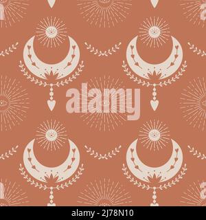 Modello vettoriale senza giunture con simboli celesti mistici, luna a mezzaluna, ramoscelli, sole, raggi. Sfondo per carta da imballaggio, scrapbooking, tessuto, tessuti, Illustrazione Vettoriale