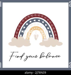 Cartolina quadrata con arcobaleno, cuore e nuvole. Boho arcobaleno con ramoscelli e cuori. Trova il tuo saldo. Poster motivante e stimolante. Vettore illustrati Illustrazione Vettoriale