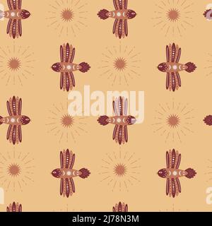 Modello vettoriale senza cuciture con uccelli creativi in stile scandinavo, folcloristico con elementi floreali e mistici su sfondo giallo. Per la carta da imballaggio, scr Illustrazione Vettoriale