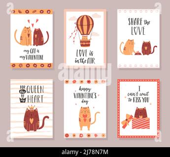 Una serie di biglietti d'auguri per San Valentino con frasi scritte a mano e gatti carini in amore. Un gatto in un pallone, un gatto dà un cuore. Vettore Illustrazione Vettoriale