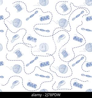 Motivo senza giunture di elementi su sfondo bianco. Filo, bobina e sfera di filo. Fatto a mano. Utensili per ago. Stile vettoriale piatto Illustrazione Vettoriale