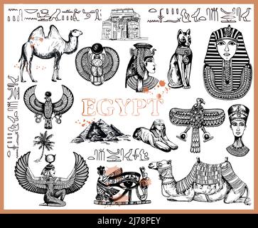 Set di oggetti a tema egiziano disegnati a mano su sfondo bianco. Illustrazione vettoriale. Illustrazione Vettoriale