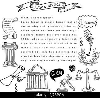 Banner con simboli di legge e giustizia, un doodle disegnato a mano in stile di schizzo. Giustizia. Grecia. Corona di Laurel. Scale di giustizia. Documenti. Paragrafi Illustrazione Vettoriale