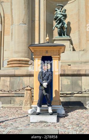 Il soldato della Guardia reale Svedese si erge nel palazzo reale di Stoccolma Foto Stock