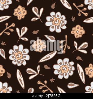 Motivo vettoriale senza cuciture con fiore floreale vintage su sfondo nero. Disegno a mano fiore disegno carta da parati disegno. Decorativo romantico moda tessile. Illustrazione Vettoriale