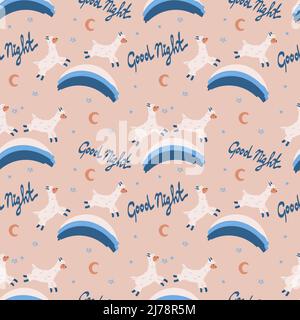 Pattern senza giunture con lama, elemento disegnato in stile cartoon. Animali che saltano su un arcobaleno su uno sfondo bianco. La scritta è scritta a mano. S Illustrazione Vettoriale