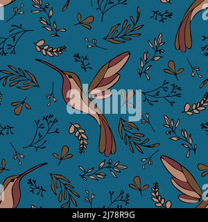 Pattern vettoriale senza giunture con colibrì su sfondo blu. Semplice e romantico design della carta da parati d'epoca. Tessuto decorativo floreale di moda. Illustrazione Vettoriale