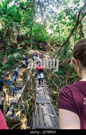 Ponte vivente albero radice affollato con turista al mattino da un angolo unico immagine è preso a ponte a due piani cherrapunji meghalaya india il Apr 03 Foto Stock