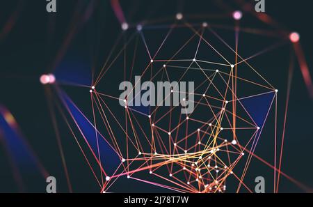 Web digitale. Rete wireless globale per computer. Riassunto 3D illustrazione di una mesh poligonale fiammeggiante con una profondità di campo poco profonda Foto Stock