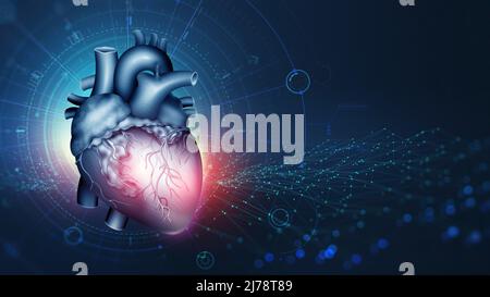 Tecnologia cardiaca, innovazioni in medicina e transplantologia. Cardio formazione e tecnologie moderne. Illustrazione dell'anatomia del cuore umano 3D Foto Stock