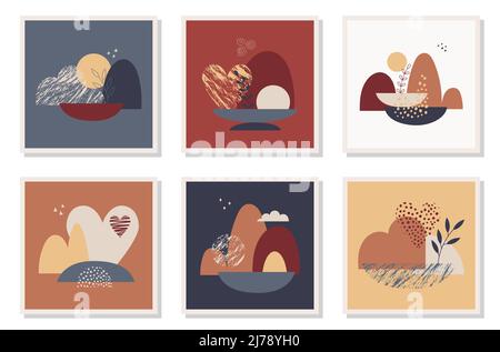 Un set di cartoline con forme ed elementi astratti e testurali, un cuore, un ramoscello, una montagna. Paesaggio naturale in stile boho. Poster quadrato. Minimale Illustrazione Vettoriale