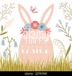 Un biglietto d'auguri per la buona Pasqua. Un uovo con le orecchie conigliate che giacciono sull'erba con semplici, carini, fiori di primavera e una frase scritta a mano Happ Illustrazione Vettoriale