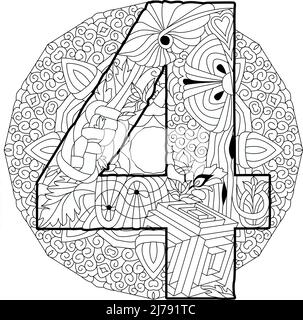 Quattro numeri su mandala isolato Zentangle illustrazione per colorare pagine Illustrazione Vettoriale