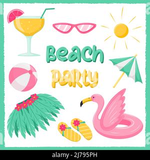 Festa in spiaggia. Cartolina quadrata con le cose da spiaggia, cerchio di flamingo gonfiabile, cocktail, ombrello, palla e borsa. Un modello per supporti con elemento estate Illustrazione Vettoriale