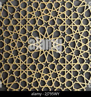 Modello islamico in oro su sfondo nero. Vettore ornamento islamico, motivo persiano. Illustrazione Vettoriale