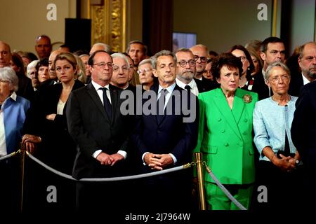 Parigi, Francia. 07th maggio 2022. Barbara Pompili, Nicolas Sarkozy, Roselyne Bachelot-Narquin, Elisabeth Borne, Éric Dupond-Moretti durante la cerimonia di investitura del Presidente francese della Repubblica, Emmanuel Macron al Palazzo dell'Eliseo di Parigi, in Francia, il 7 maggio 2022, in seguito alla rielezione avvenuta il 24 aprile. Photo by Dominique Jacovides/pool/ABACAPRESS.COM Credit: Abaca Press/Alamy Live News Foto Stock