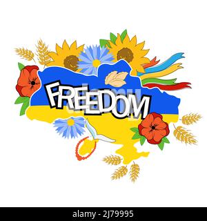 Iscrizione scritta 'Freedom'. Carta dell'Ucraina nei colori della bandiera nazionale dell'Ucraina. Simboli nazionali ucraini: Frumento, pane, girasole, Illustrazione Vettoriale