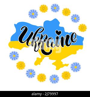 Iscrizione scritta 'Ucraina'. Carta dell'Ucraina e fiori nei colori della bandiera nazionale dell'Ucraina. Simbolo di pace, nessun concetto di guerra. Illustrazione Vettoriale