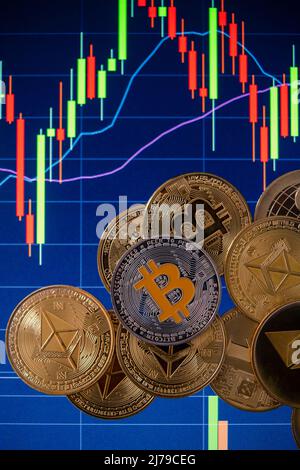 Stack o cumulo di oro varie criptovaluta con candela bastone grafico grafico e sfondo digitale. Bitcoin, Ethereum, Cardano, Litecoin. Foto Stock