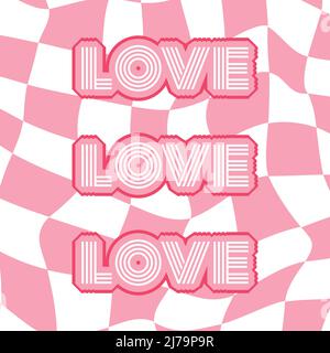 Carta quadrata retrò con frase tipografica Amore. Una composizione di testo con un contorno. Poster vettoriale su sfondo a scacchiera rosa Illustrazione Vettoriale