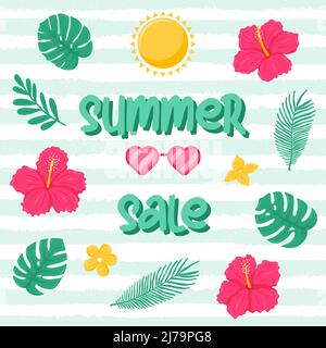 Offerta estiva. Una cartolina quadrata con testo e fiori tropicali e foglie, mostri e palme. Un modello per i media con elementi stagionali estivi. Illustrazione Vettoriale