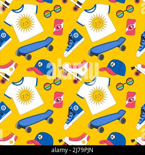 Motivo senza cuciture con retro, vintage. Sneakers, pattini a rotelle, cappellino, skateboard, T-shirt. Simboli del 90s. Ideale per tessuti e carta da imballaggio. Co Illustrazione Vettoriale