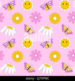 Modello senza cuciture con retro, fiori semplici d'epoca, margherite, farfalle. Doodle fiori con un colpo. Ideale per tessuti, carta da imballaggio. Colore ve Illustrazione Vettoriale