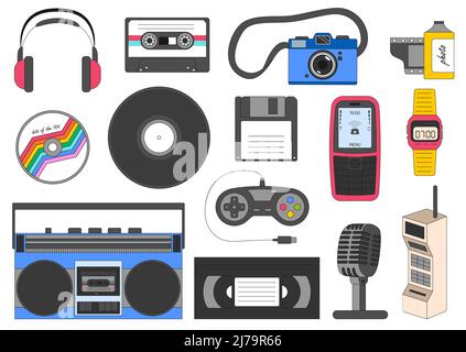 Un set di dispositivi elettronici retrò. Tecnologia, simboli del 90s. Boombox, vinile, fotocamera, floppy disk. Nostalgia per il 90s. Vettore i di colore chiaro Illustrazione Vettoriale