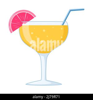 Cocktail estivo sulla spiaggia. Una bevanda rinfrescante mista con agrumi, pompelmo in un bicchiere trasparente da cocktail con una cannuccia. Bevanda sana in styl cartoon Illustrazione Vettoriale