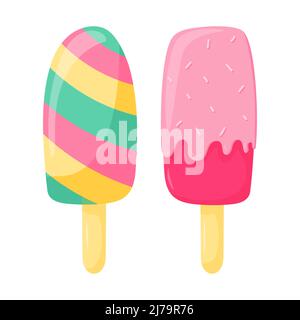 Popsicle su un bastone, ghiaccio di frutta a strisce e classico con glassa e spolverare. Dolce cibo, dessert, un simbolo dell'estate. Illustrazione vettoriale in una c piatta Illustrazione Vettoriale