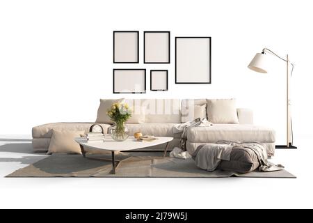 Moderno soggiorno minimalista in stile bianco con divano, tavolino, piantana, cornice. 3D rendering. Foto Stock