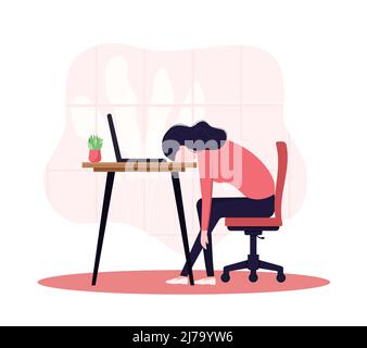 sindrome da burnout professionale. La ragazza stanca si siede annoiata con la testa giù sul laptop. Problemi di salute mentale dei lavoratori frustrati. Giornata lavorativa lunga vettore Illustrazione Vettoriale