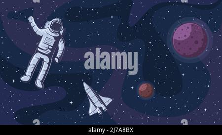 Spazio aperto. Astronauta in spacesuit nello spazio esterno, cosmo con sfondo vettoriale stelle Illustrazione Vettoriale