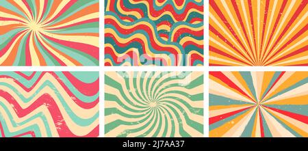 Sfondo grovy. Starburst raggi, variopinte onde funky e vintage 60s hippie psichedelico sfondo vettoriale Illustrazione Vettoriale