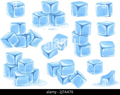 Cubetti di ghiaccio cartoni animati. Set di vettori per cubetti di ghiaccio in fusione, acqua congelata blu, acqua ghiacciata Illustrazione Vettoriale