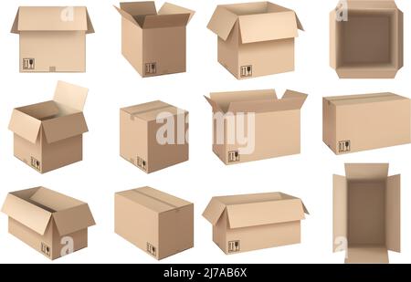Scatola marrone realistica. Imballaggio postale scatole aperte, contenitori di cartone per la spedizione e set di vettori per il mockup delle consegne Illustrazione Vettoriale