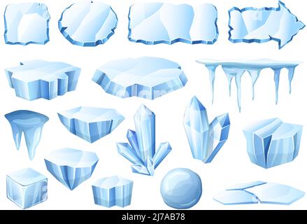 Cartone animato ghiaccio. Cristalli di ghiacciaio, pezzi di ghiaccio e cornici ghiacciate fredde set vettoriale Illustrazione Vettoriale