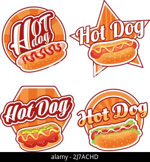 Etichetta Hotdog. Cartello Street food con hot dog in sesamo semi di panda, fast food set vettoriale Illustrazione Vettoriale