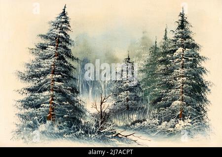 Pini Evergreen in un campo nevoso. Pittura ad olio di scena invernale vintage. Concetto di Natale. Foto Stock