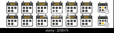 Icone del calendario annuale impostate. Tutti i dodici mesi con nomi in forma abbreviata. Più due icone di pianificazione aggiuntive. Illustrazione vettoriale piatta isolata su Illustrazione Vettoriale