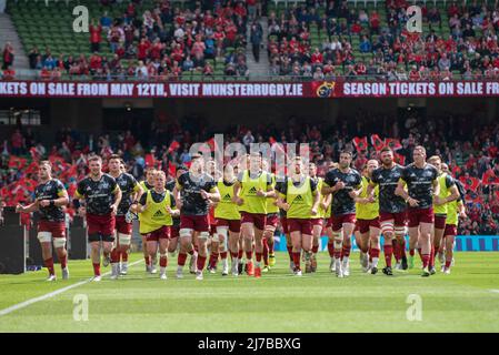 I giocatori di Munster durante la partita finale della Heineken Champions Cup Quarter tra Munster Rugby e Stade Toulousain all'Aviva Stadium di Dublino, Irlanda, il 7 maggio 2022 (Foto di Andrew SURMA/ SIPA USA). Foto Stock